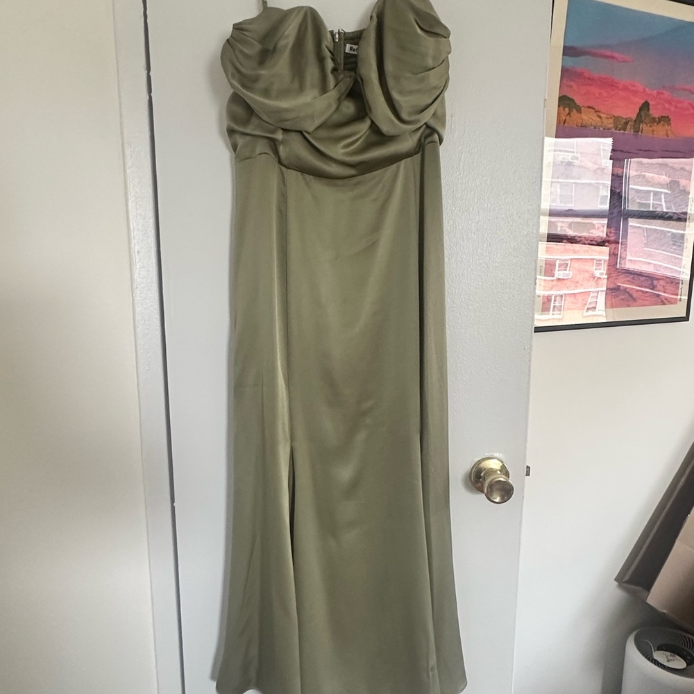 Reformation Green Ruffled Strapless Midi Gown